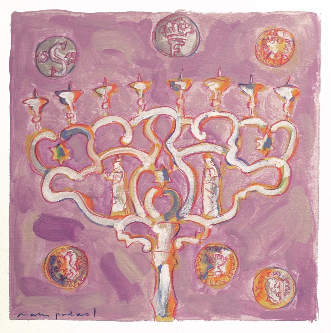 Mark Podwal, Hanukkah Coins and Renaissance Coins (SOLD), 2008, acrylic, gouache and colored pencil on paper, 12 x 12 inches