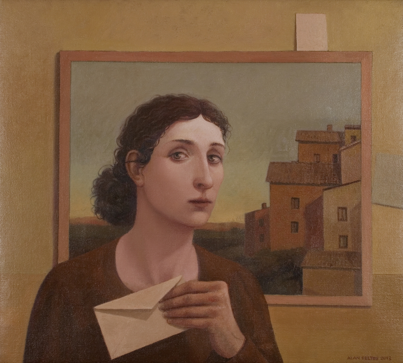 alan feltus, La Lettera, 2013, oil on linen, 19 3/4 x 19 3/4 inches