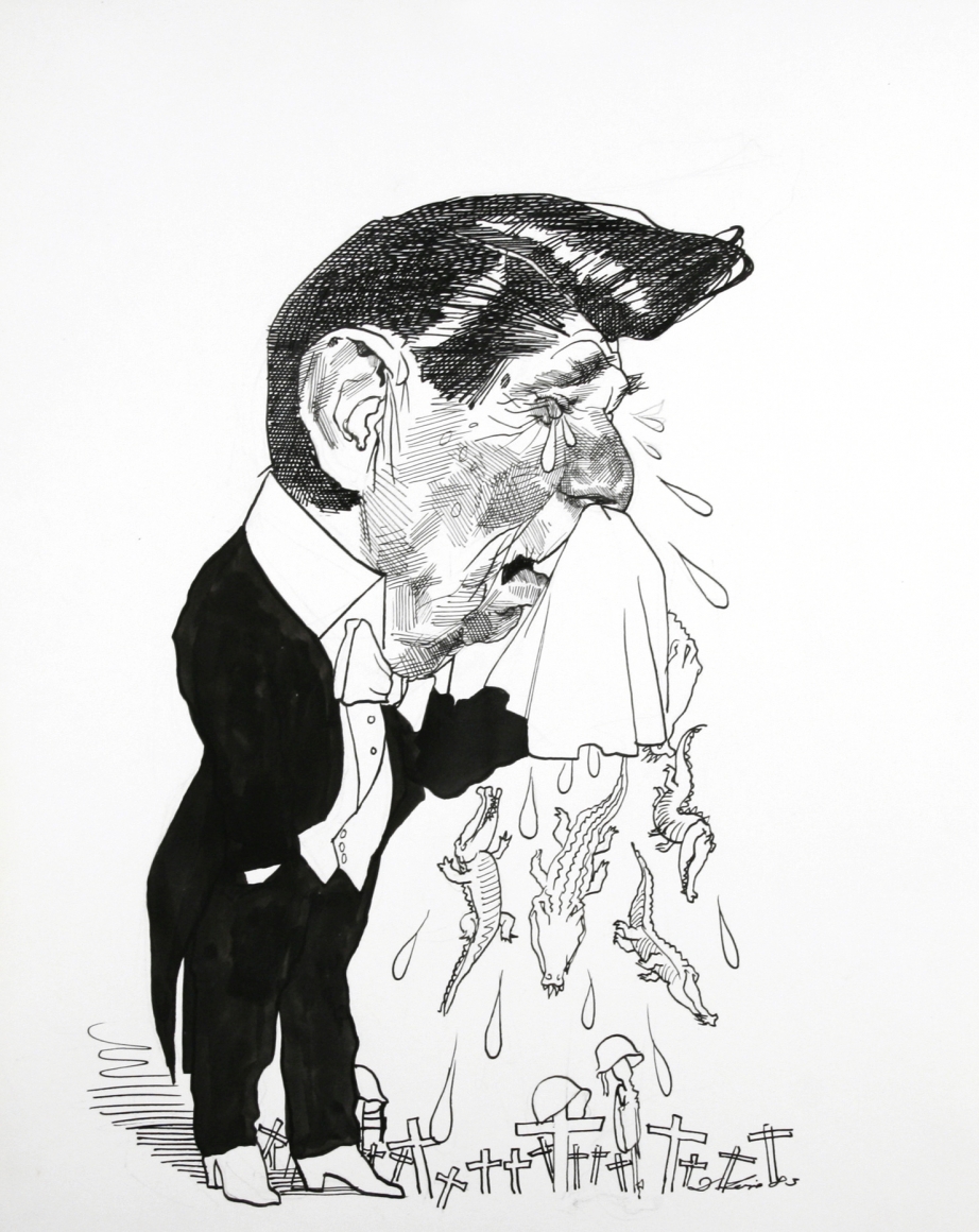 David Levine, Reagan -Alligator Tears, 1983, ink & pencil on paper, 13 1/2 x 11 inches