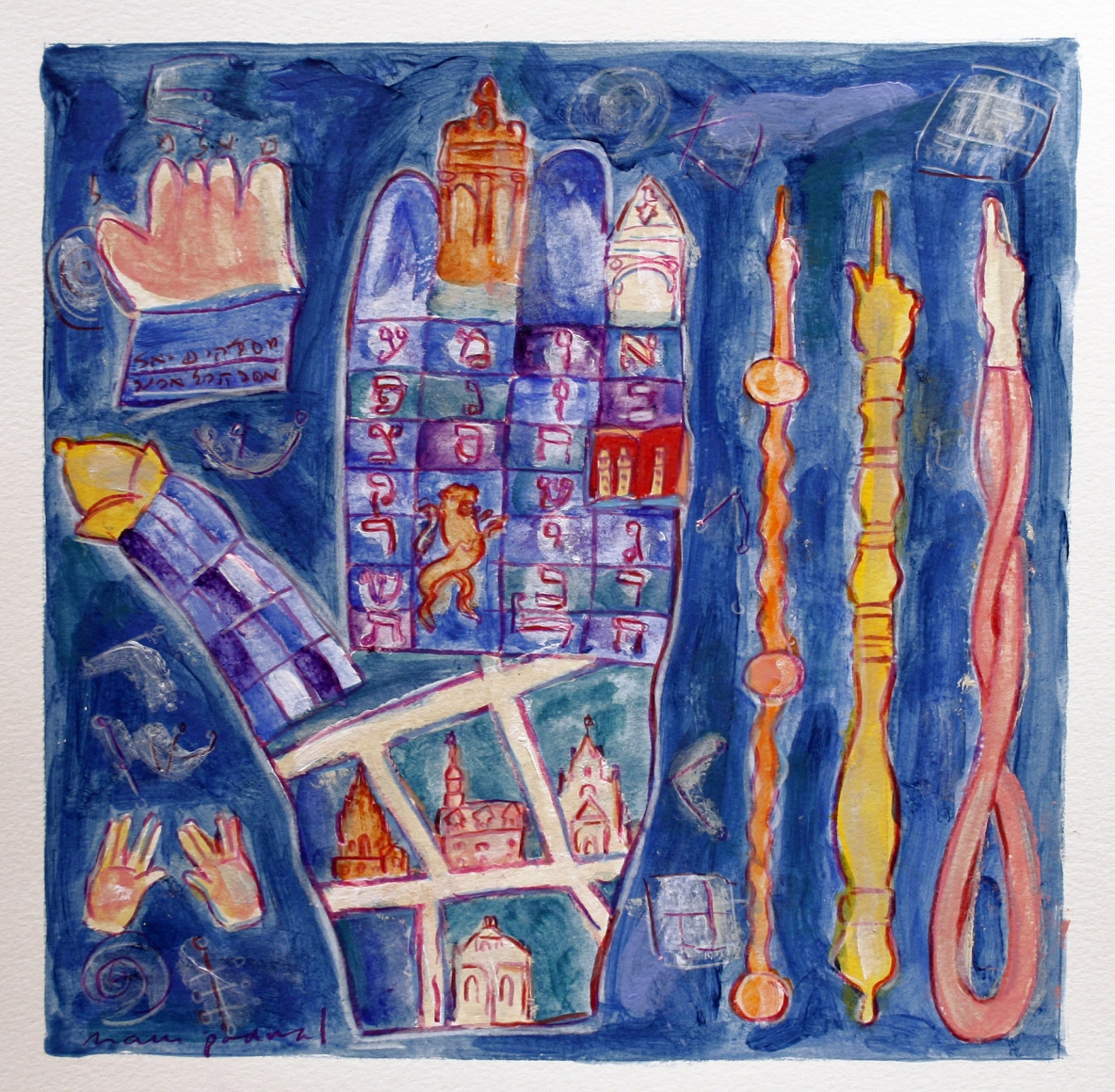 Mark Podwal, Magic Prague, 2008, acrylic, gouache and colored pencil on paper, 12 x 12 inches
