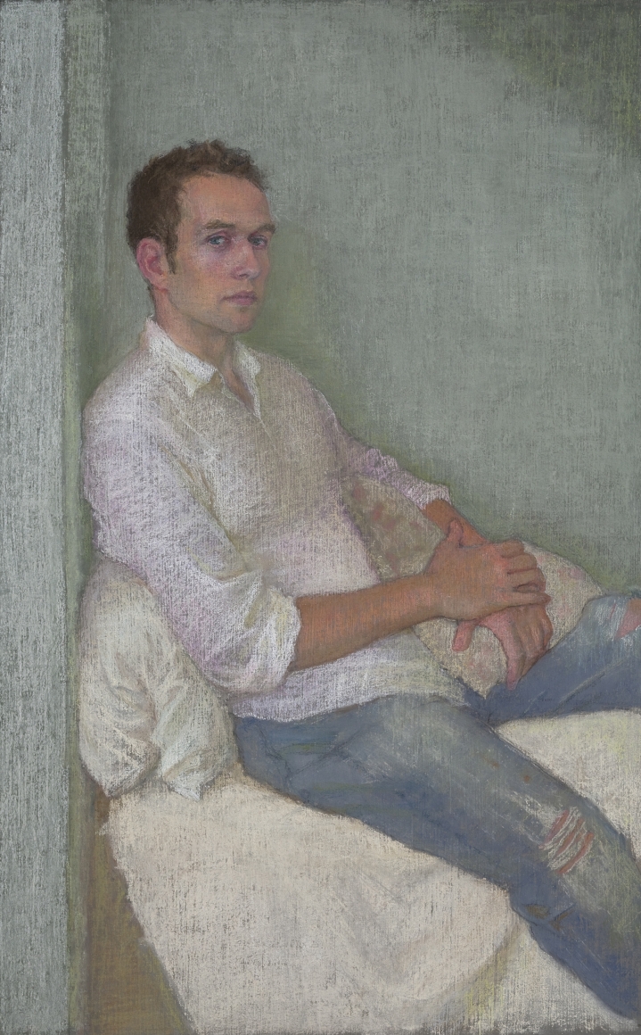 Ellen Eagle, Anastasio with Pillow, 2010, pastel on pumice board, 18 1/2 x 11 1/2 inches