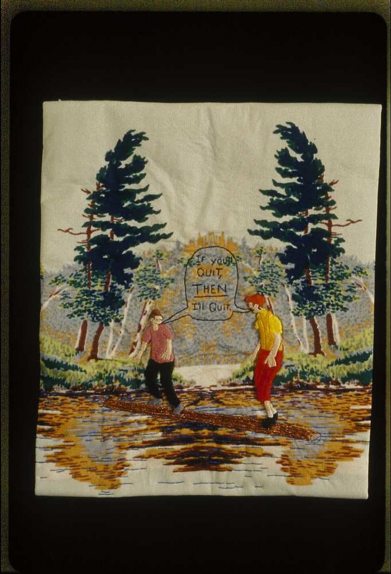 Darrel Morris, Log Rolling (SOLD), 2008, embroidery and applique, 11 1/4 x 9 1/2 inches
