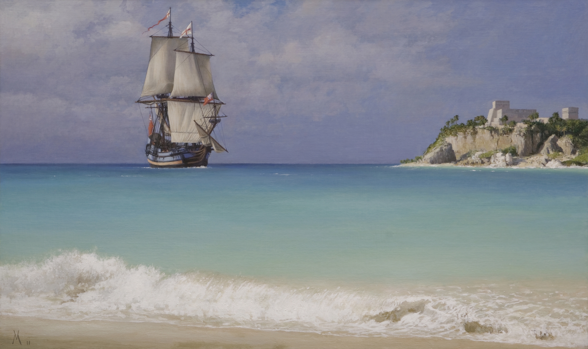 guillermo munoz vera, Englishmen In Front of Tulum, Yucatan, 2011, oil on canvas on panel, 43 3/8 x 72 inches
