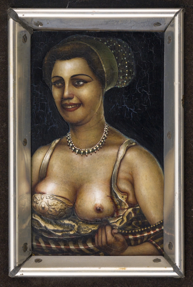 Gregory Gillespie, Lady with Jewels (also known as Woman with Beads), 1969, mixed media on panel, 6 x 3 1/2 inches
