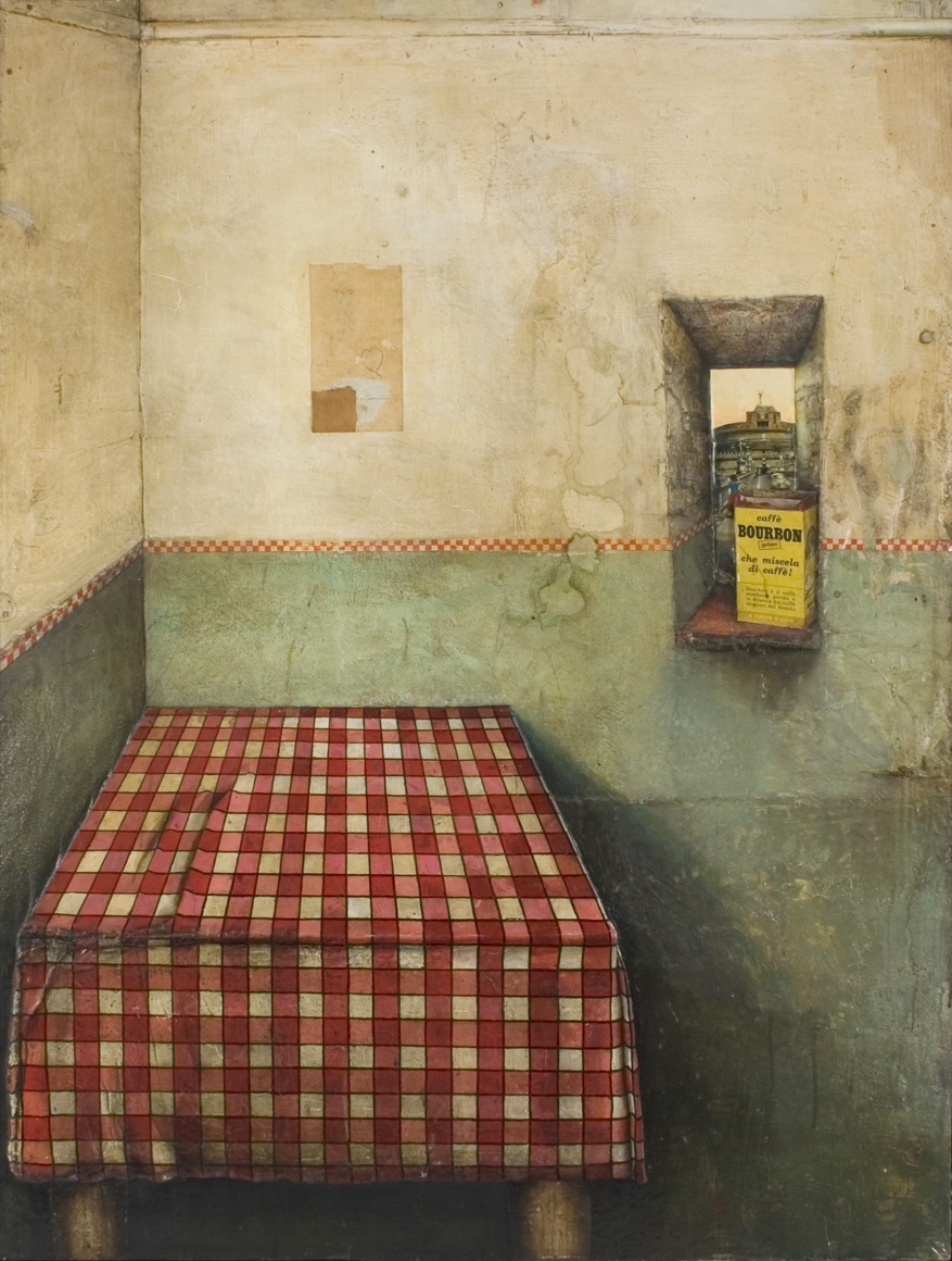 Gregory Gillespie, Roman Interior (Still Life), 1966-67, oil & mixed media on wood, 43 3/4 x 32 3/4 inches
