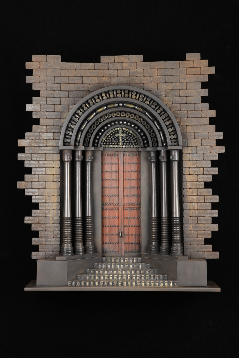 Al Farrow, Red Door, 2014, gun barrels, bullets, cartridge shells, steel, crucifix, 24 1/2 x 22 x 6 inches