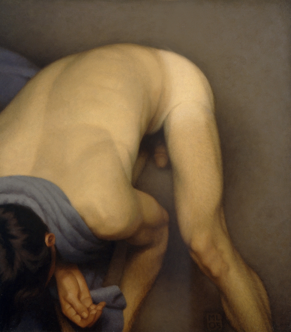 Michael Leonard, Bather Stooping Low, 2005, alkyd-oil on masonite, 23 x 21 1/2 inches