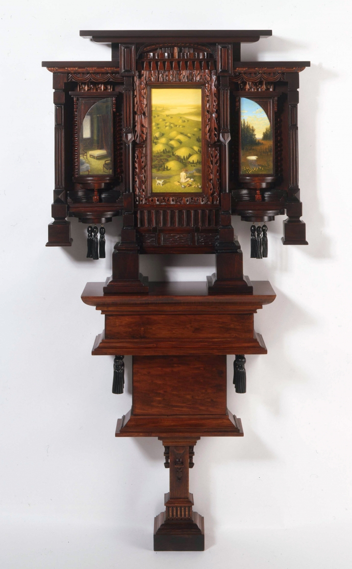 Holly Lane, And So It Began, 2005, acrylic and carved wood, 66 1/2 x 34 3/4 x 11 1/4 inches