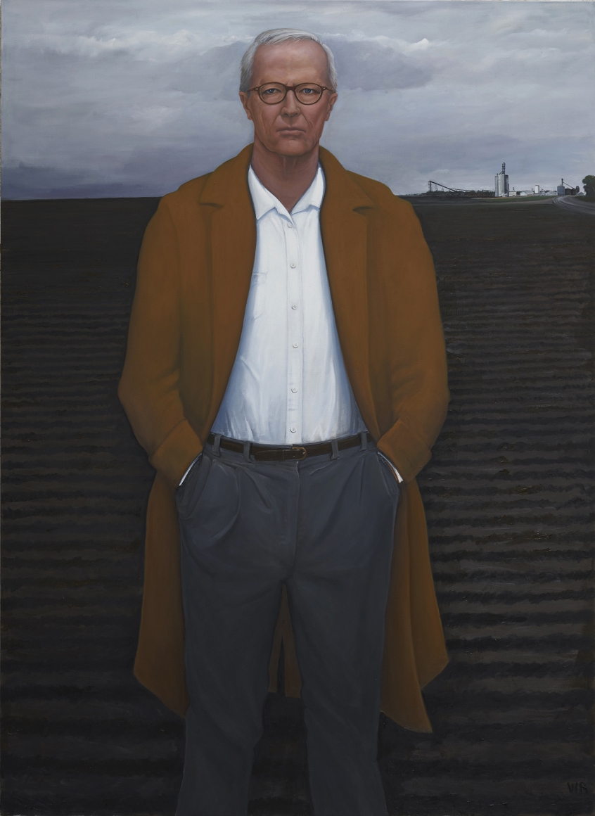 William Beckman, Overcoat with Plowed Field, 2018-2019, oil on canvas, 100 x 73 inches