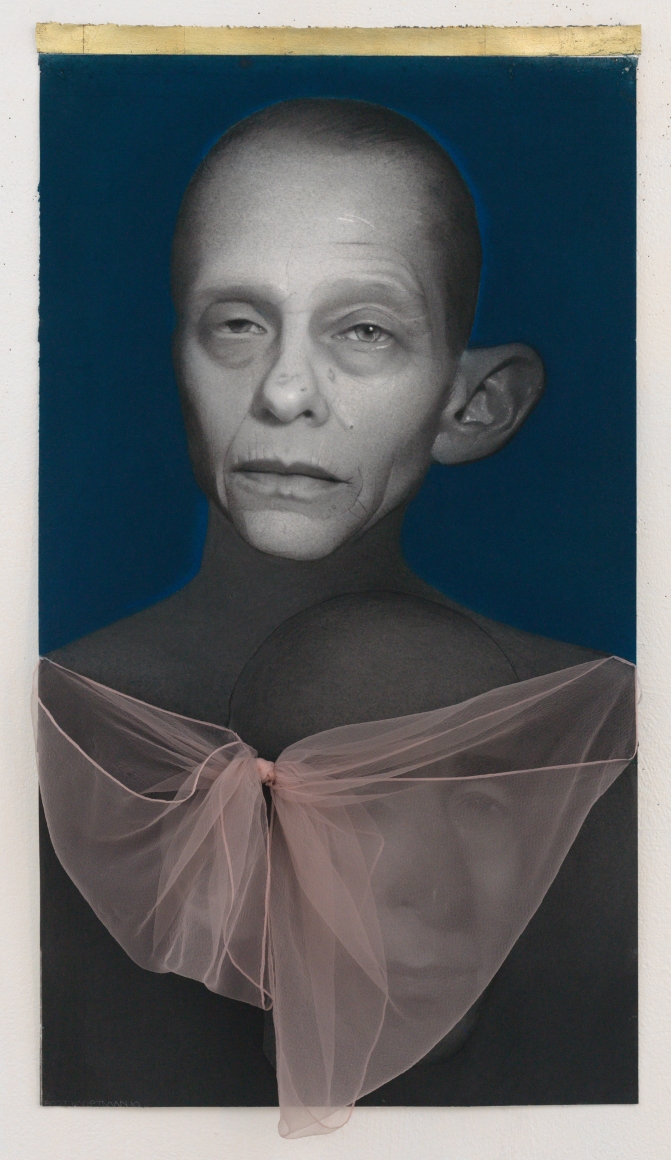 susan hauptman, Self Portrait with Bow (SOLD), 2010 charcoal and mixed media on paper 20 x 36 1/2 inches