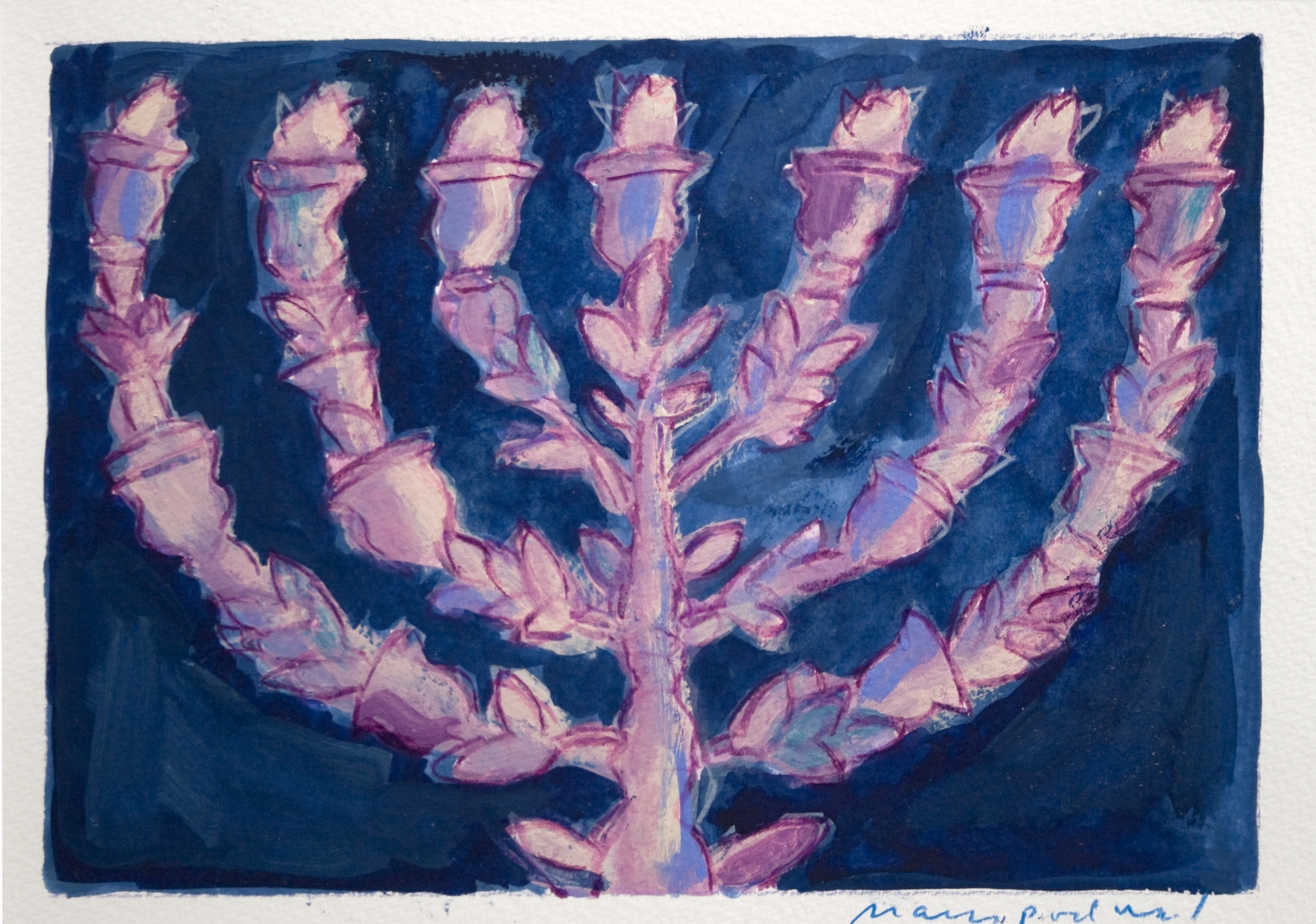 mark podwal, Seven Branch Menorah, 2007, Acrylic, gouache, and colored pencil on paper, 12 x 14 inches