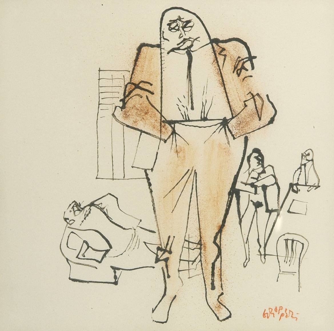 William Gropper, Executives (SOLD), ink and watercolor on paper, 11 x 11 inches