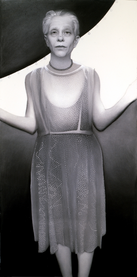 Susan Hauptman, Self Portrait (with rubber stamp) (SOLD), 2010, charcoal and rubber stamp on paper, 82 x 40 inches