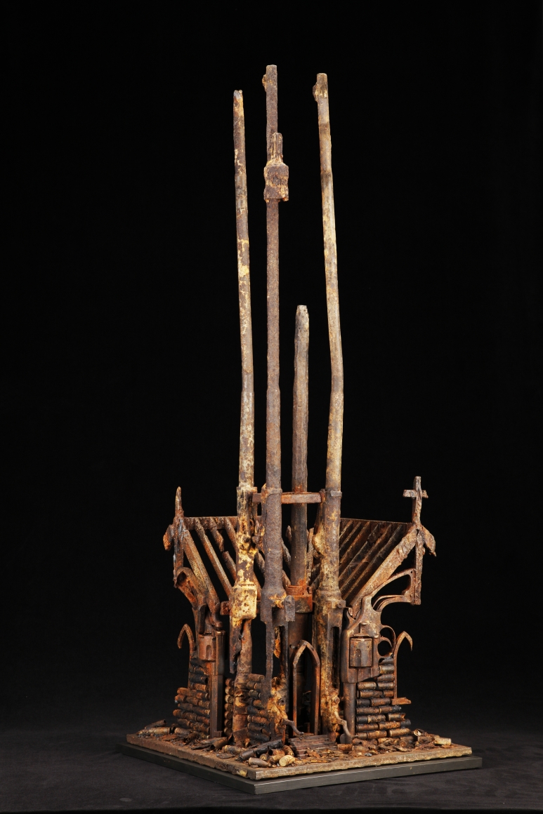 Al Farrow, Burnt Church, 2014, three rifles from Verdun battlefield, revolvers, bullets, steel, 38 1/2 x 14 3/4 x 15 inches
