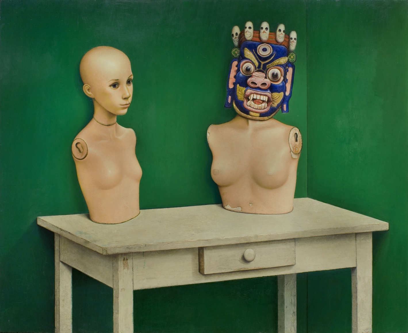 Gregory Gillespie, Manikin Piece, 1980, oil & alkyd on panel, 48 x 60 inches