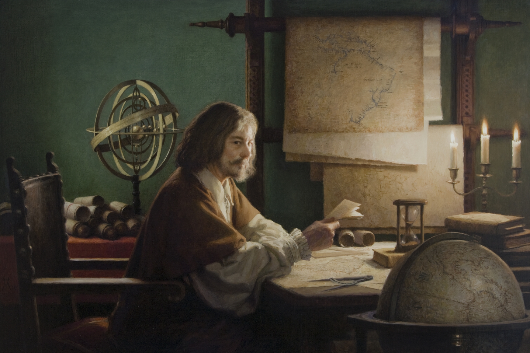 guillermo munoz vera, The Cartographer (SOLD), 2010, oil on canvas on panel, 39 3/8 x 59 inches