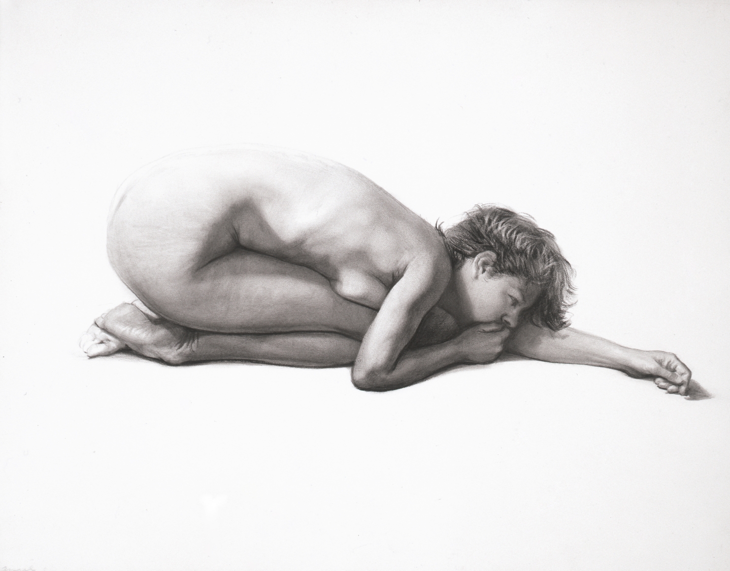 Steven Assael Carla Crouching with Arm Extended, 2004, graphite on paper, 11 x 14 inches