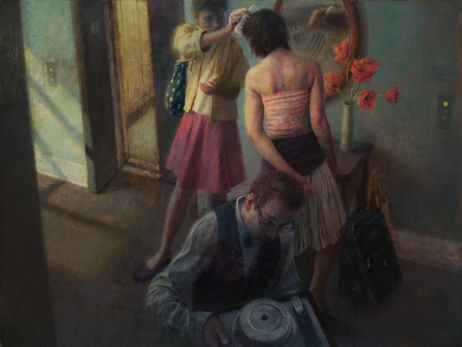 paul fenniak, Hotel Corridor, 2018, oil on canvas, 54 x 72 inches