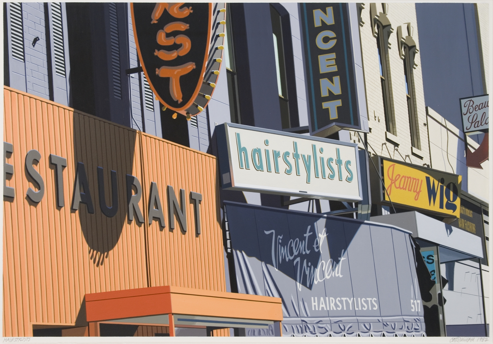 robert cottingham, Facade: Hairstylists, 1982, acrylic on paper, 17 1/2 x 25 1/2 inches