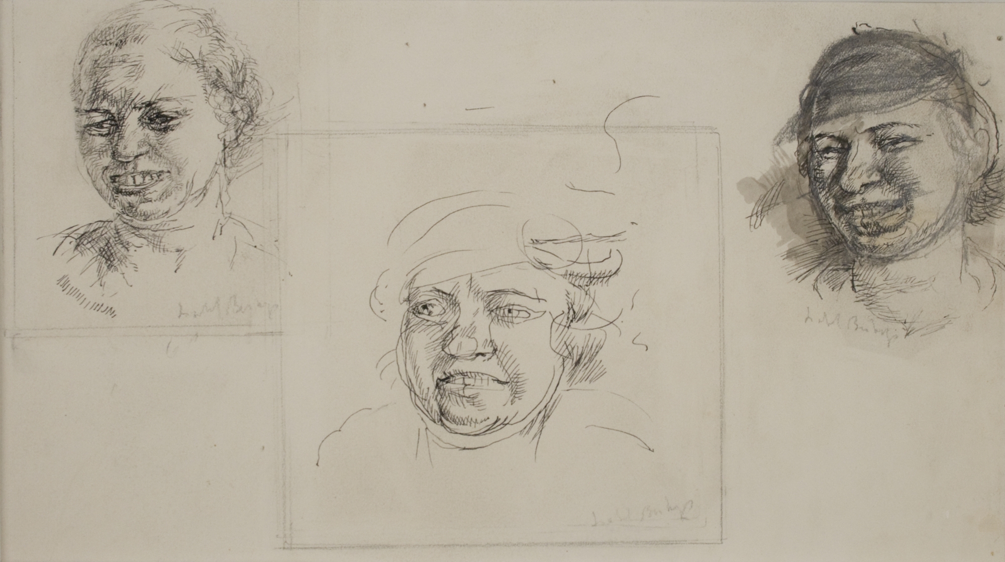Isabel Bishop, Laughing Heads, Study Drawings, ink on paper, 7 x 9 1/4 inches