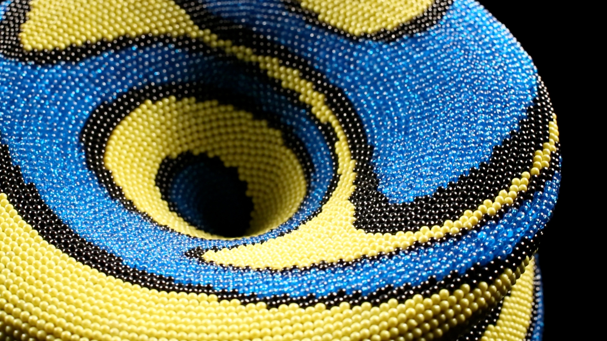 david mach, Yellow Drift (detail), 2012, plastic ball pins on foam 23 1/4 x 13 1/2 x 13 1/2 inches