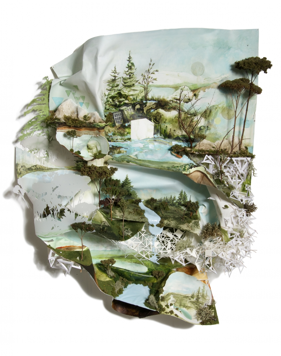 Gregory Euclide, My Bare Foot Adds the Soft Bridge To Sky's Repeating, 2011, acrylic, canvas, euro cast, fruticose, moss, mylar, pencil, paper, sedum, sponge, vellum, 29 x 23 x 6 inches framed