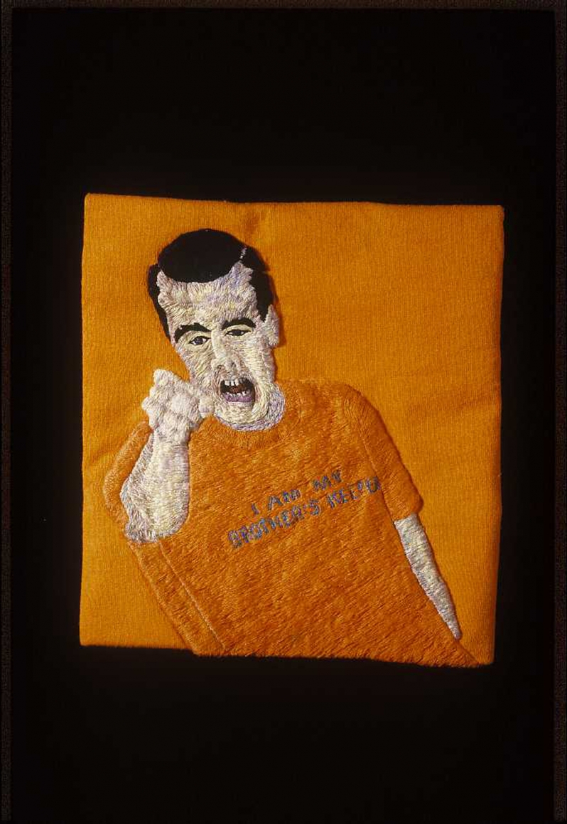 Darrel Morris, My Brother's Keeper, 2006, embroidery and applique, 8 1/2 x 7 1/2 inches
