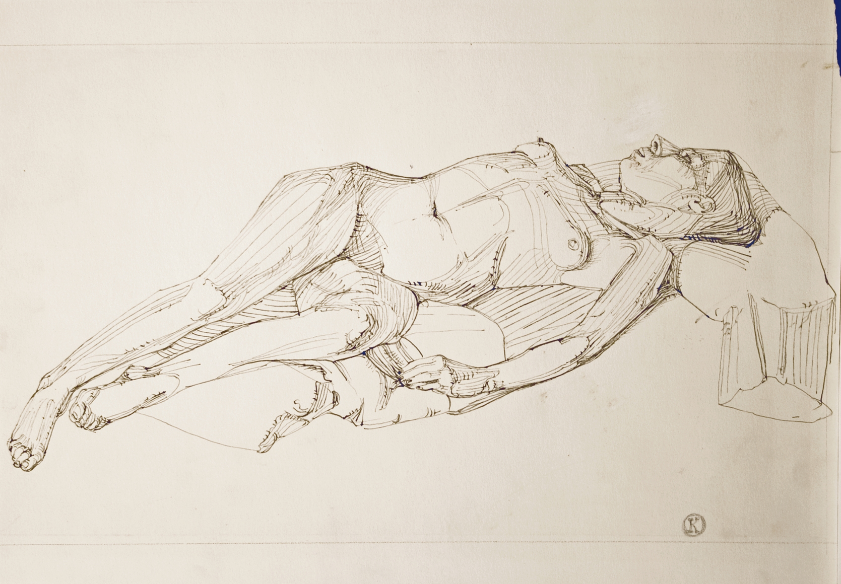 Jules Kirschenbaum, Untitled (Reclining Woman), c. 1950, ink on paper, 12 x 17 1/2 inches