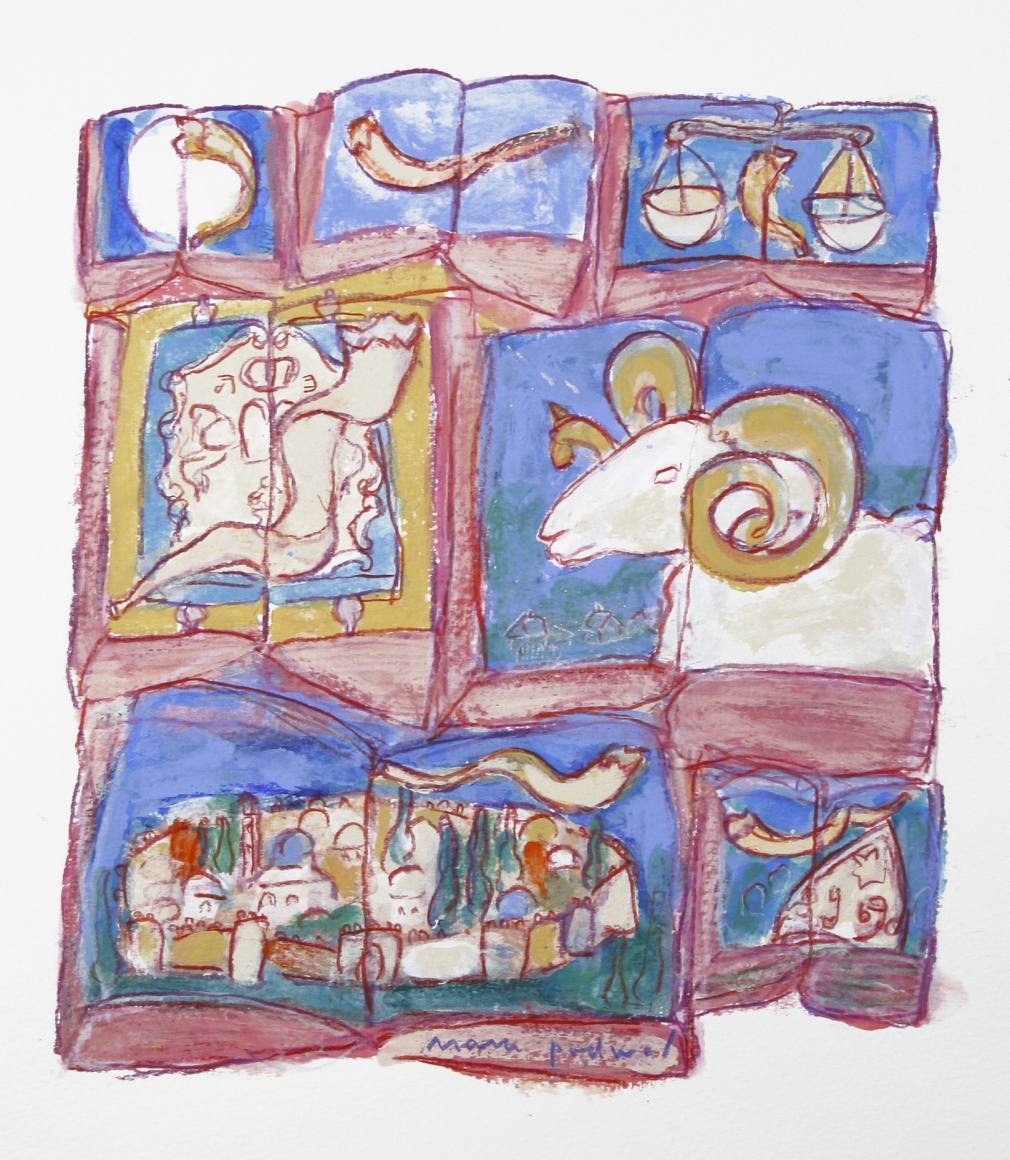 Mark Podwal, Shofars (SOLD), 2007, acrylic, gouache and colored pencil on paper, 9 x 8 inches