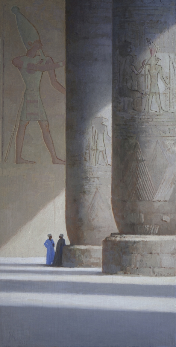 guillermo munoz vera, Sunny Day at Edfu Temple, 2013, oil on canvas mounted on panel, 39 3/8 x 19 5/8 inches