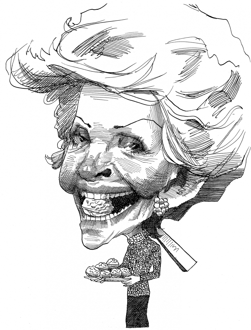 David Levine, Nancy Reagan- The Nut Cracker, 1989, ink on paper, 14 x 11 inches