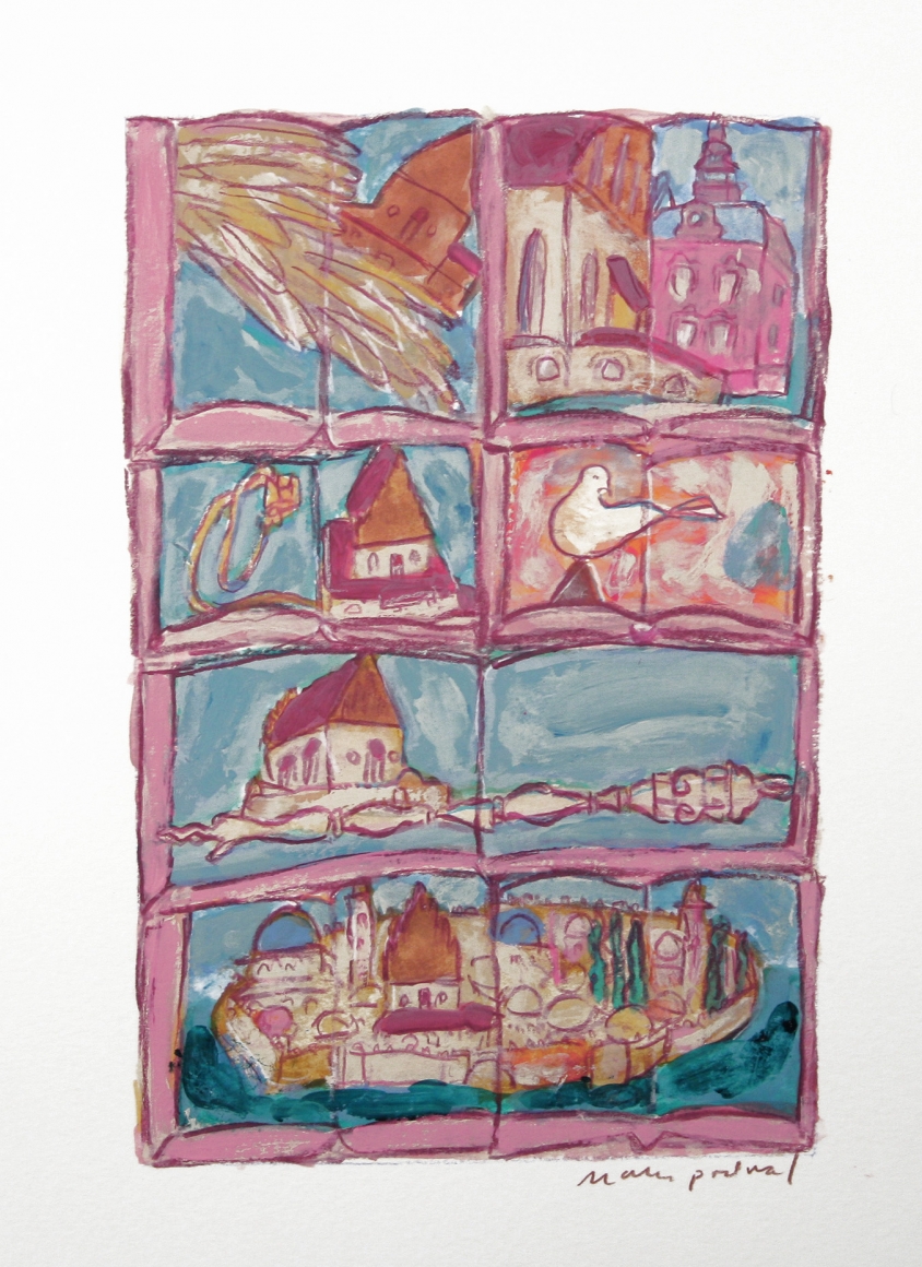 Mark Podwal, A synagogue with as many stories as stones (SOLD), 2008, acrylic, gouache and colored pencil on paper, 9 3/4 x 6 3/4 inches