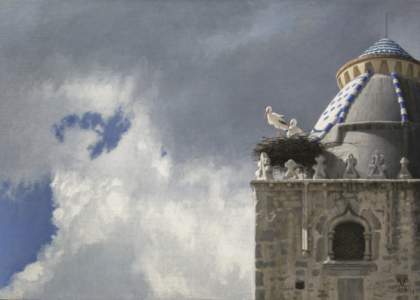 guillermo munoz vera, Storks at Trujillo (Cigüeñas en Trujillo), 2016, oil on canvas mounted on panel, 26 3/8 x 37 inches