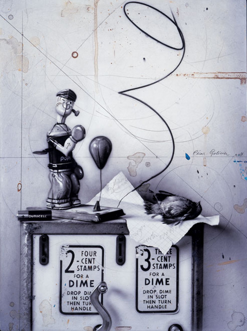 César Galicia, Bodegón con Popeye, 1999, mixed media on board 18 1/2 x 13 3/4 inches