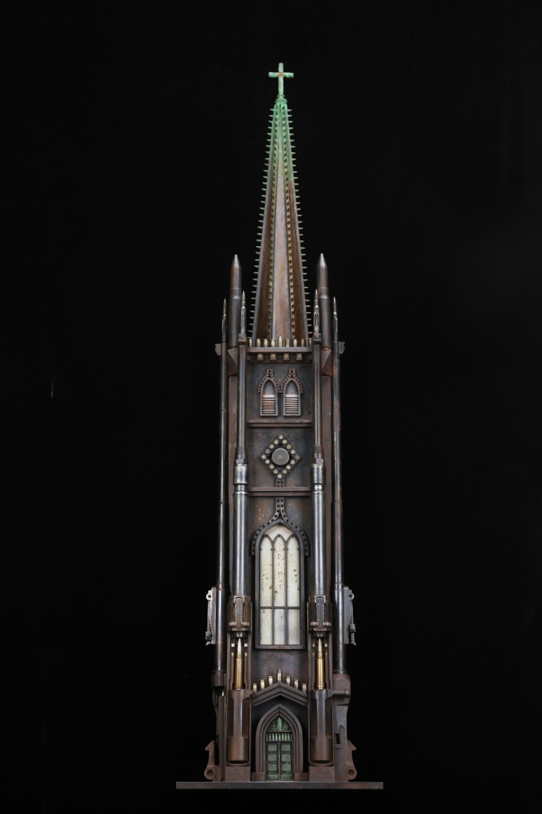 Al Farrow, Sketch of Trinity Church, 2014, guns, bullets, cartridge shells, steel, glass, 51 ½ x 12 x 7 inches