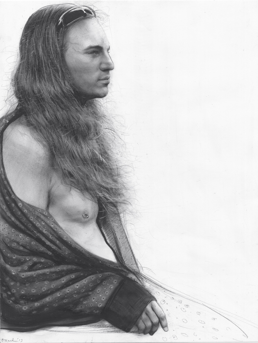 Steven Assael Alex with Patterned Shirt, 2013, graphite and crayon on paper, 14 x 10 3/4 inches