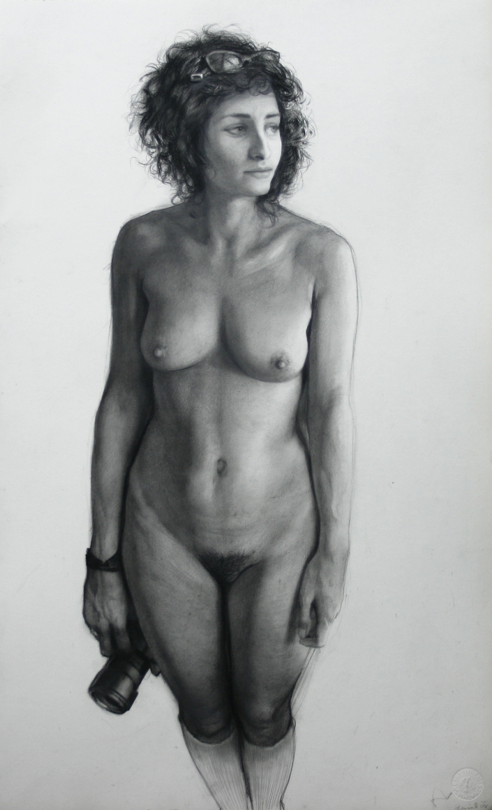 Steven Assael, Jordana with Camera, 2008, graphite and crayon on paper, 21 1/4 x 13 3/8 inches