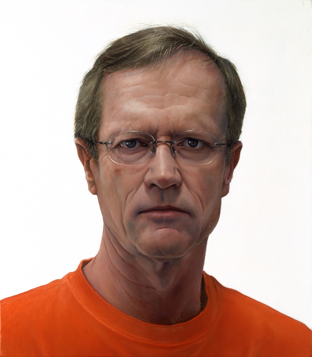 william beckman, Self Portrait (orange shirt) (SOLD), 2003, oil on panel, 18 1/2 x 16 1/4 inches