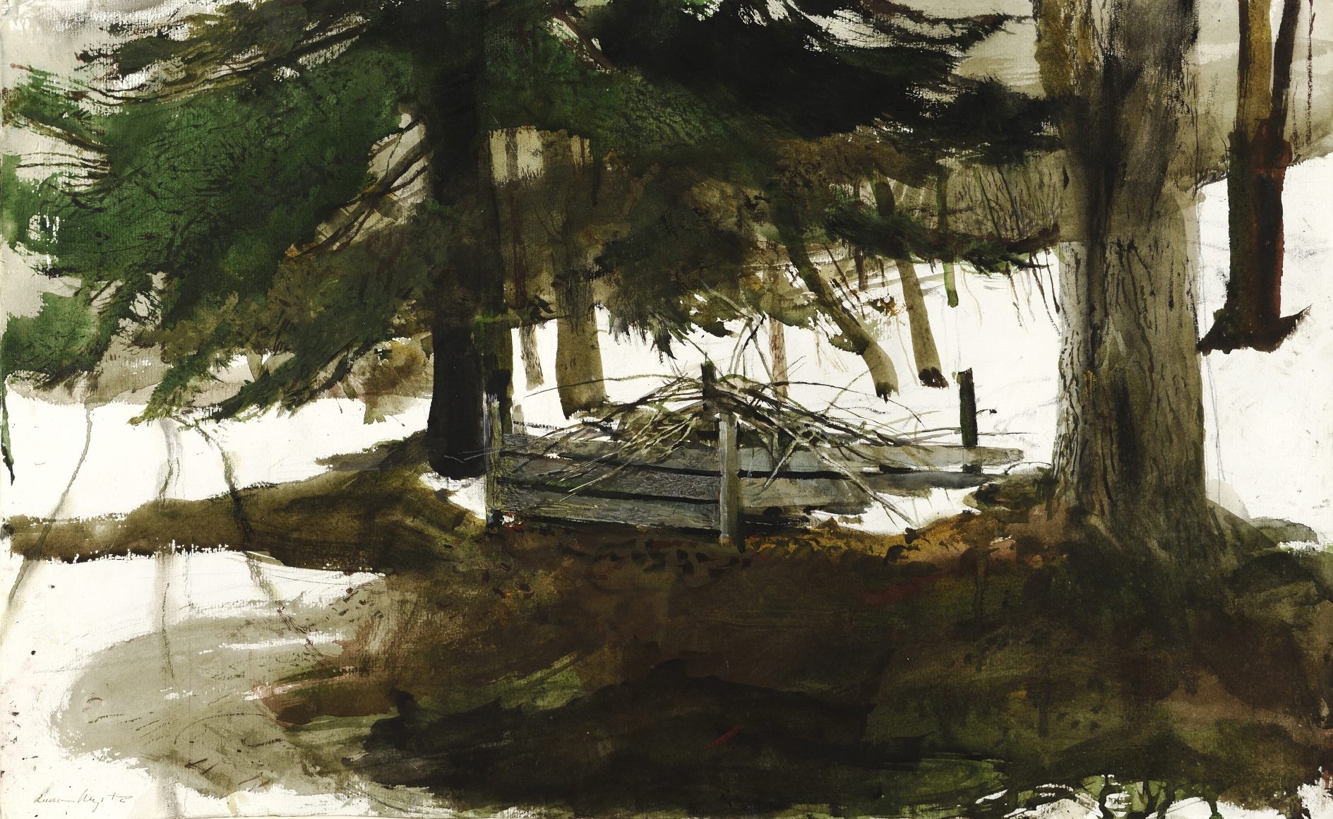 Andrew Wyeth, Pickup Sticks, 1994, watercolor on paper 16 3/4 x 27 1/2 inches