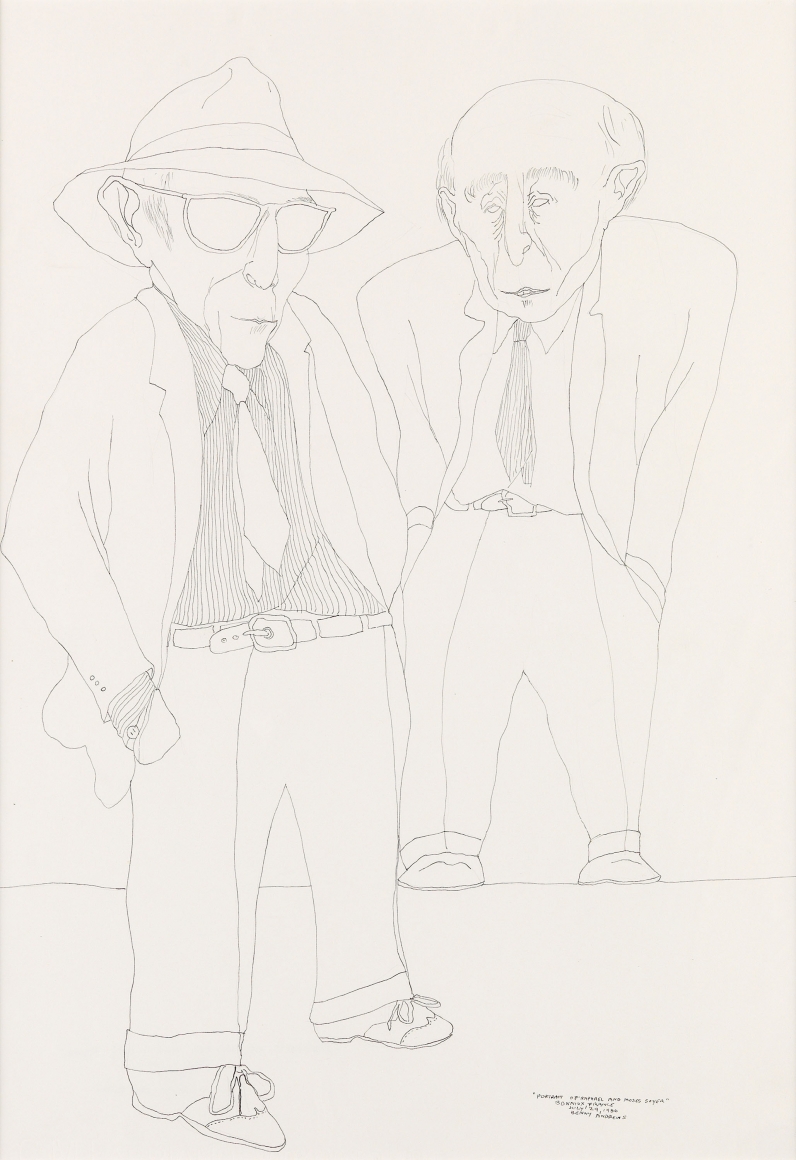 Benny Andrews, Portrait of Raphael and Moses Soyer (SOLD), 1986, pen and ink on wove paper, 20 1/4 x 14 3/8 inches