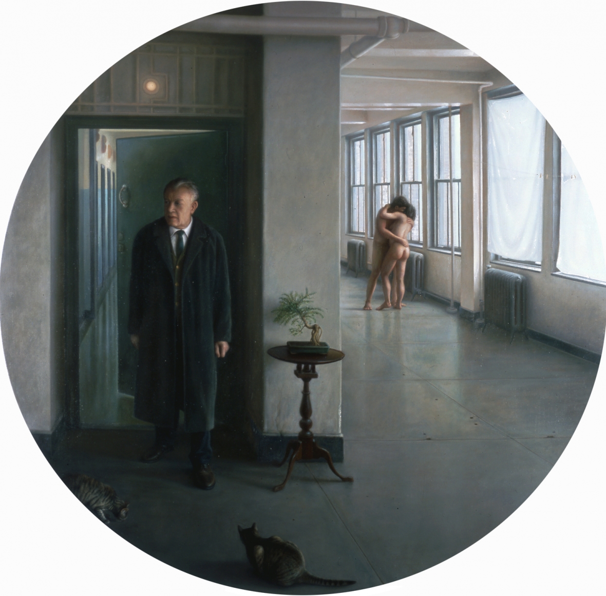 wade schuman, Man Entering Room (Reccurance) (SOLD), 2001, oil on linen, 72 inches diameter