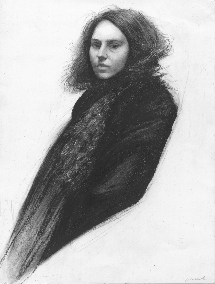 Steven Assael Julie with Scarf, 2013, graphite and crayon on paper, 14 x 10 3/4 inches