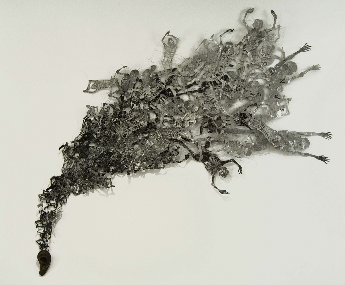 Lesley Dill, Sounds of War, "There is a word that bears a sword." Dickinson #8, 2006, Cast copper, metal foil, organza, wire, 54 x 46 x 2 inches
