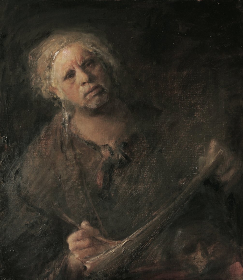odd nerdrum, Self Portrait with Child's Skull, oil on canvas, 34 1/2 x 30 inches
