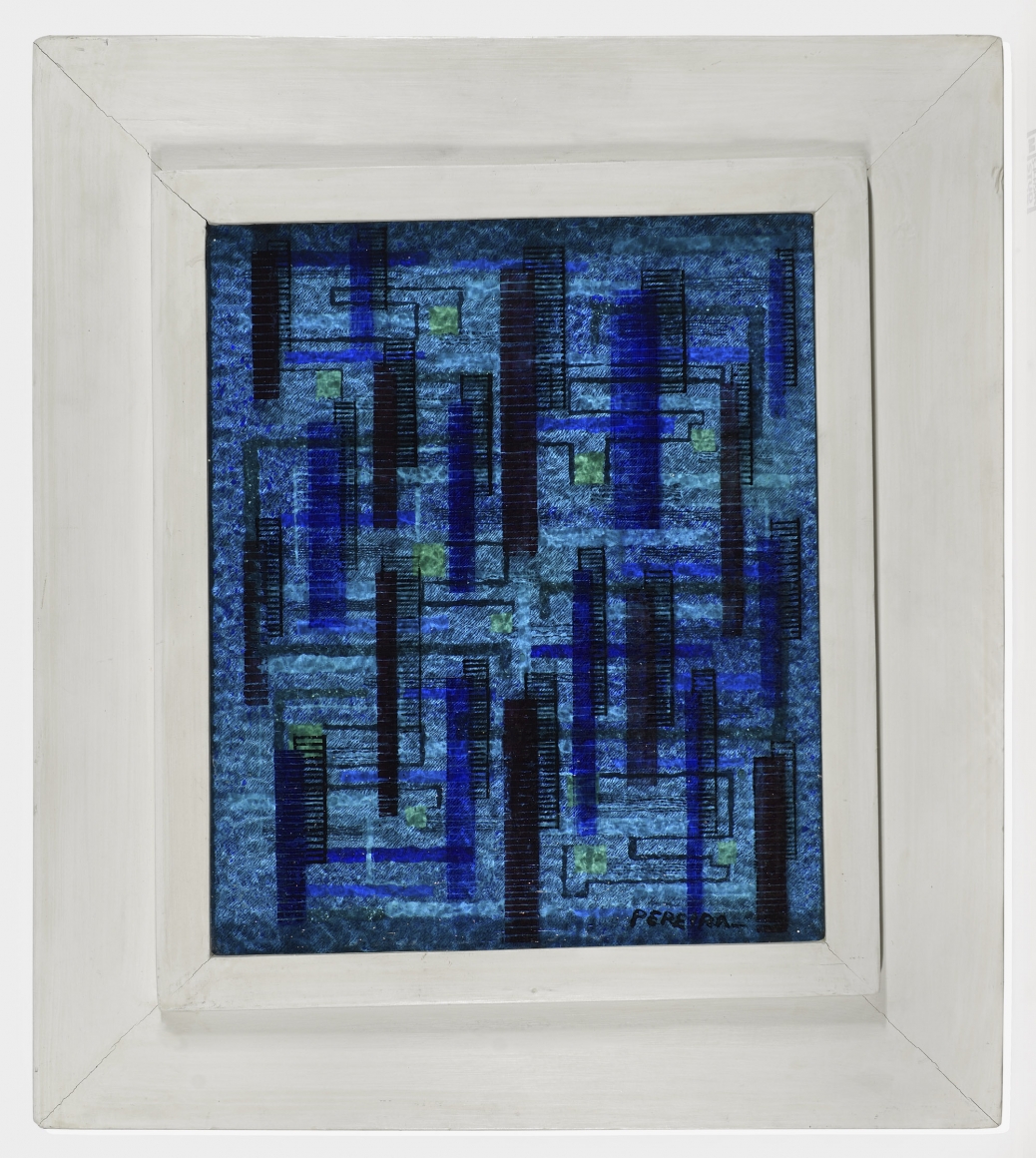 irene rice pereira, Three-Dimensional Composition in Blue, c. 1940 painted glass and board construction 11 1/2 x 9 1/2 x 1 1/8 inches artist’s shadow box frame: 17 1/8 x 15 7/8 x 1 5/8 inches