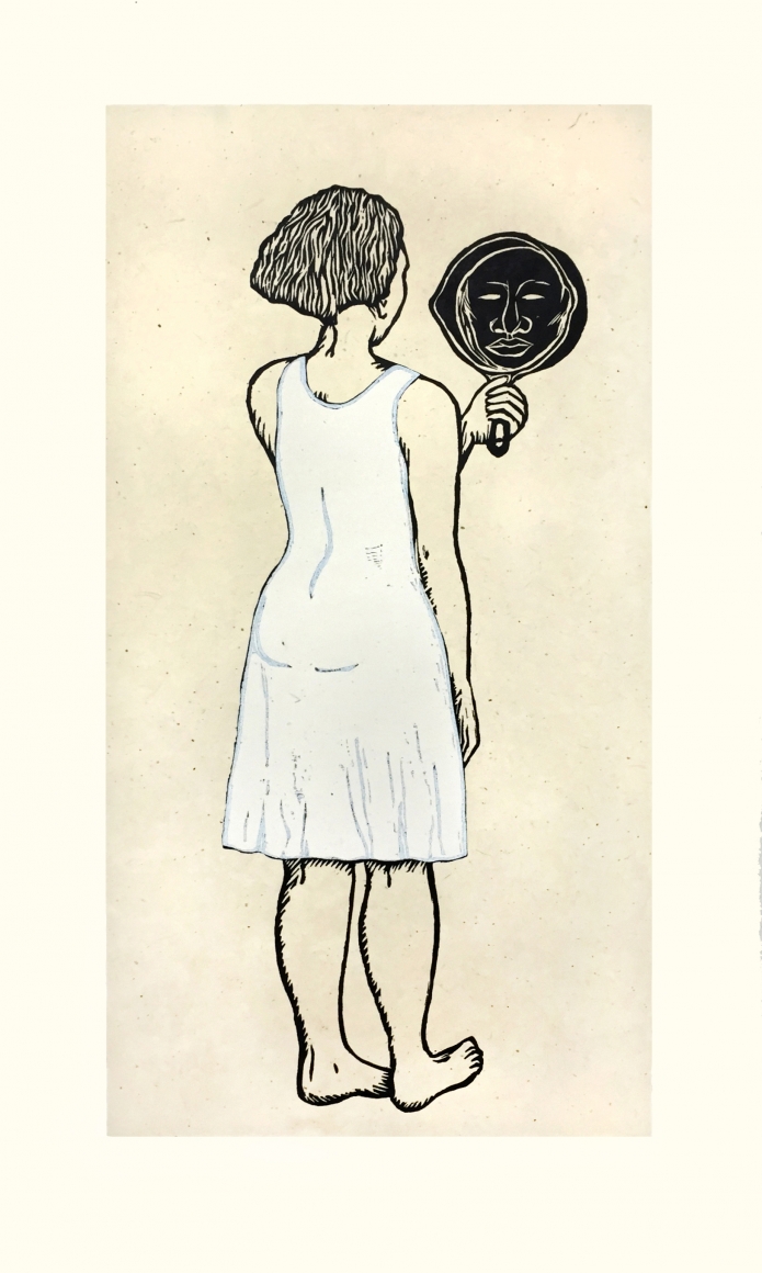 Alison Saar, Mirror, Mirror; Mulatta Seeking Inner Negress II, 2015, woodcut, chine collé, 38 x 21 1/2 inches, Edition 22/30