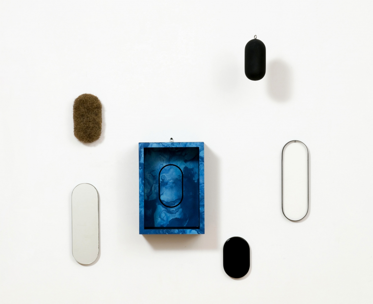 Locations, 1969 Formica on wood and five blps made of wood, glass plexiglas and rubberized horsehair with formica