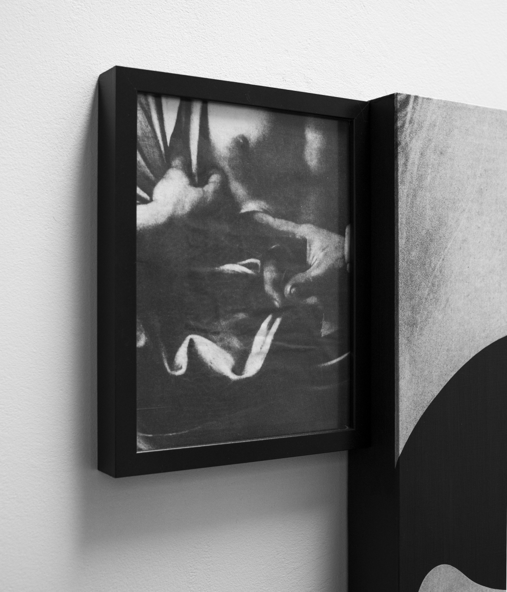 Jesse Draxler "Vibe Eternally" detail 2020 - 36 x 48 inches + 9.5x12 inches - mixed media, collage, acrylic, framed t-shirt