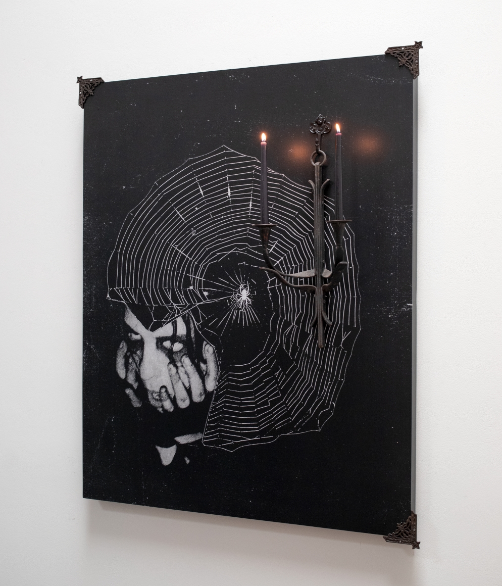 Jesse Draxler "Altar" 2020 - 36 x 44 inches - mixed media, collage, acrylic, wrought iron, wax candles