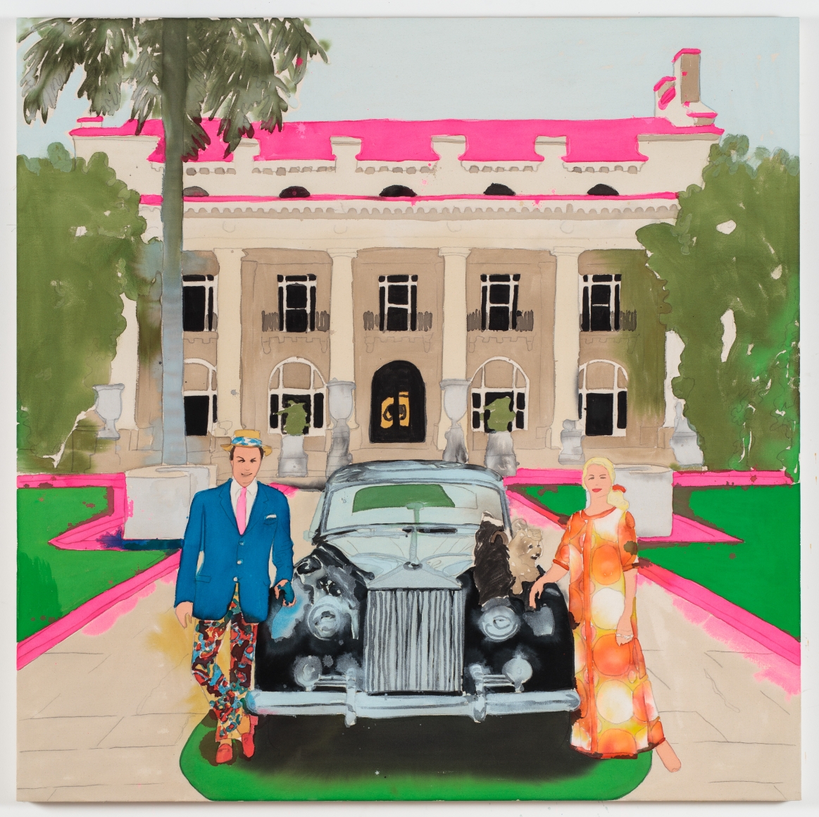 BRINTZ GALLERY, LIZ MARKUS, Mr and Mrs Donald Leas with Rolls, 2018, Acrylic and pencil on unprimed canvas, 60 by 60 inches, Unique Art